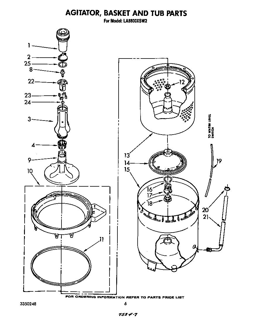 Whirlpool LA8800XSW2 agitator, basket and tub diagram