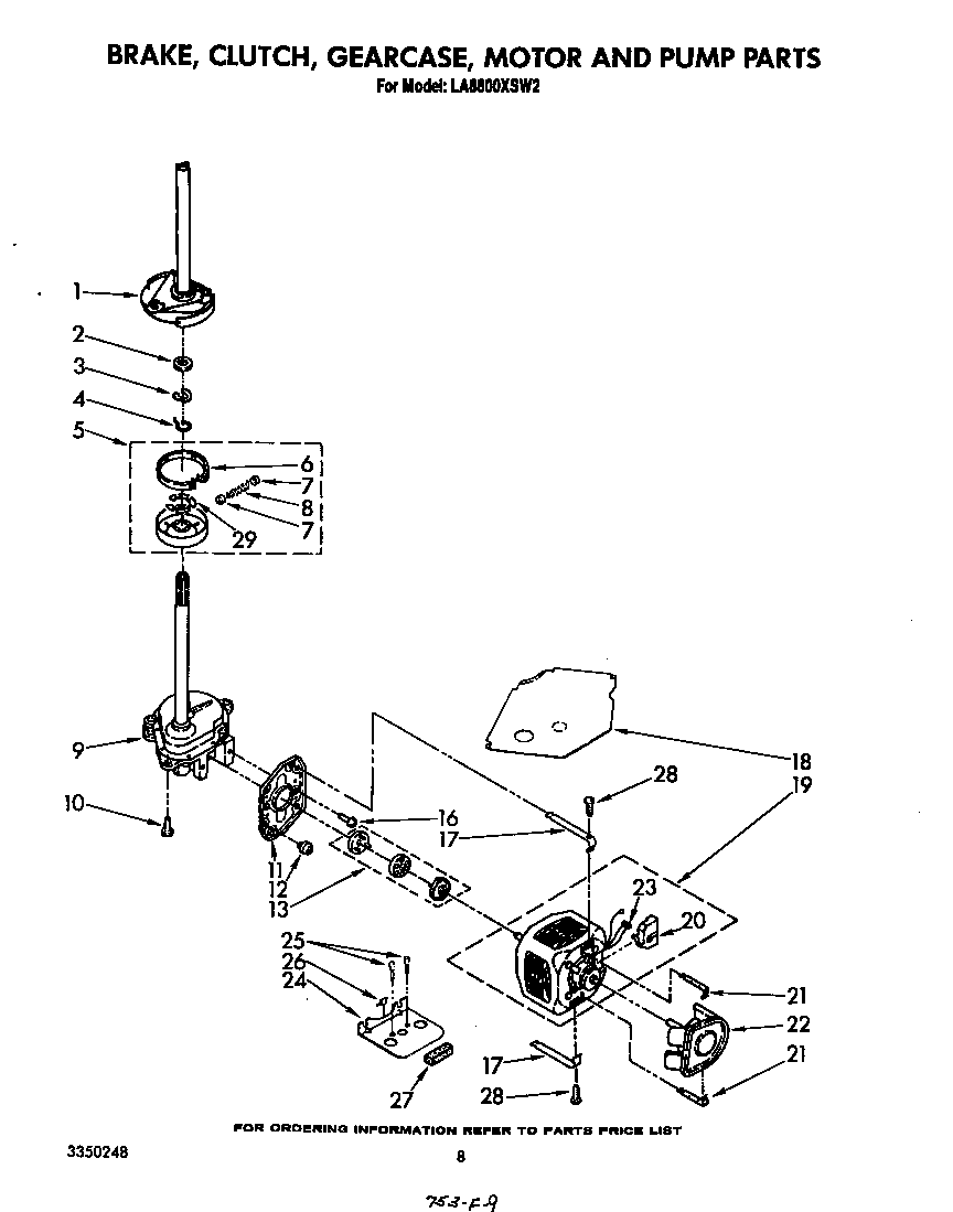 Whirlpool LA8800XSW2 brake, clutch, gearcase, motor and pump diagram