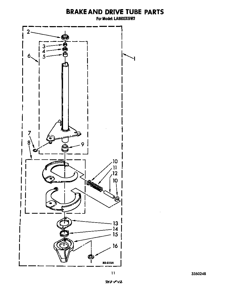 Whirlpool LA8800XSW2 brake and drive tube diagram
