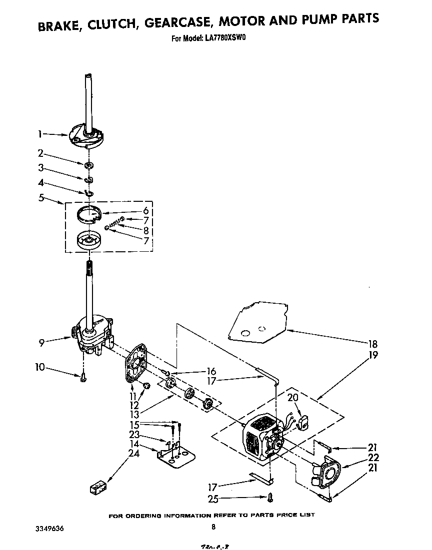 Whirlpool LA7780XSW0 brake, clutch, gearcase, motor and pump diagram