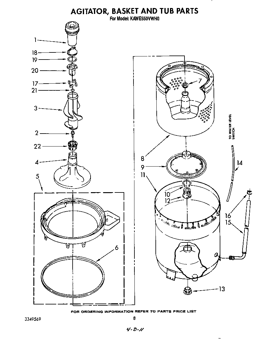 KitchenAid KAWE550VWH0 agitator, basket and tub diagram