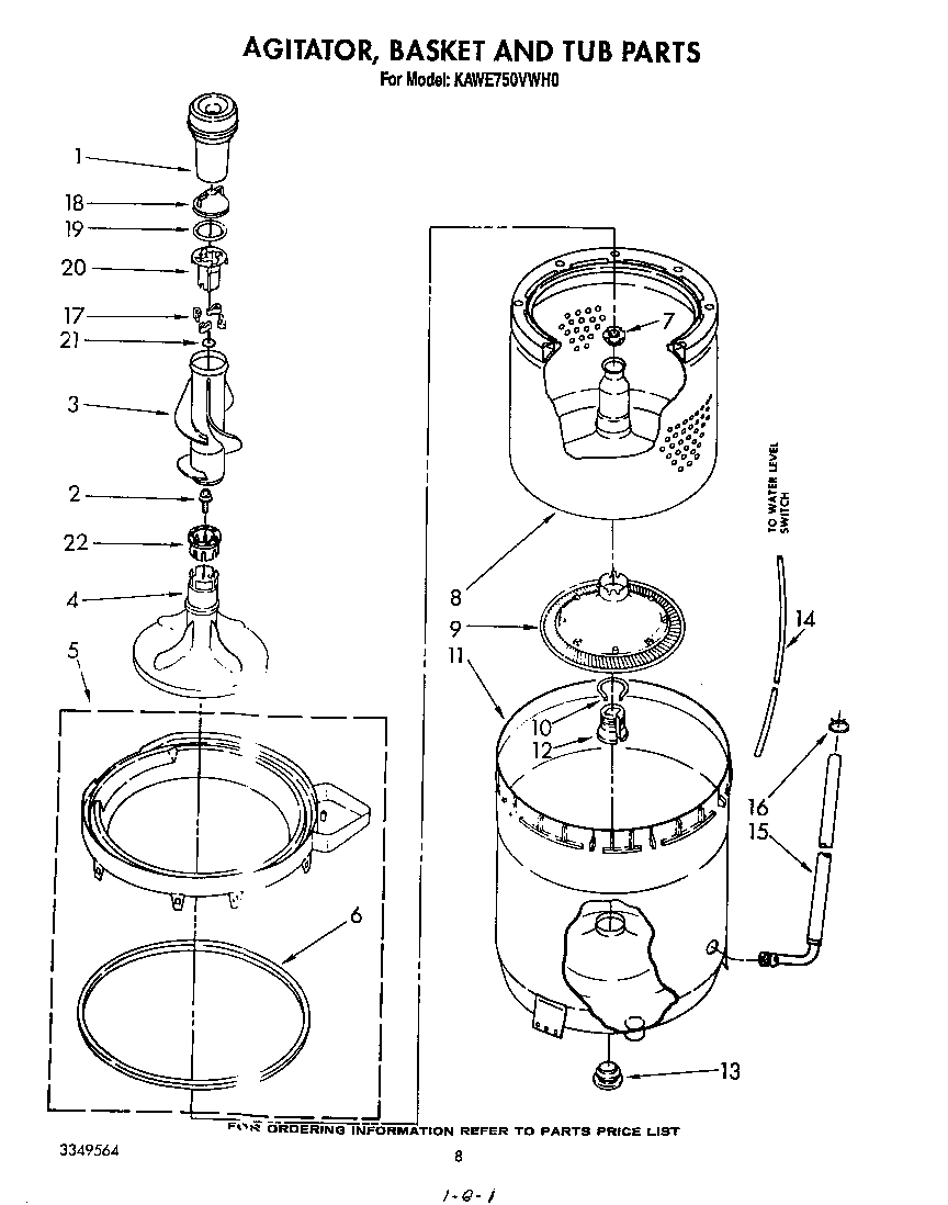 KitchenAid KAWE750VWH0 agitator, basket and tub diagram