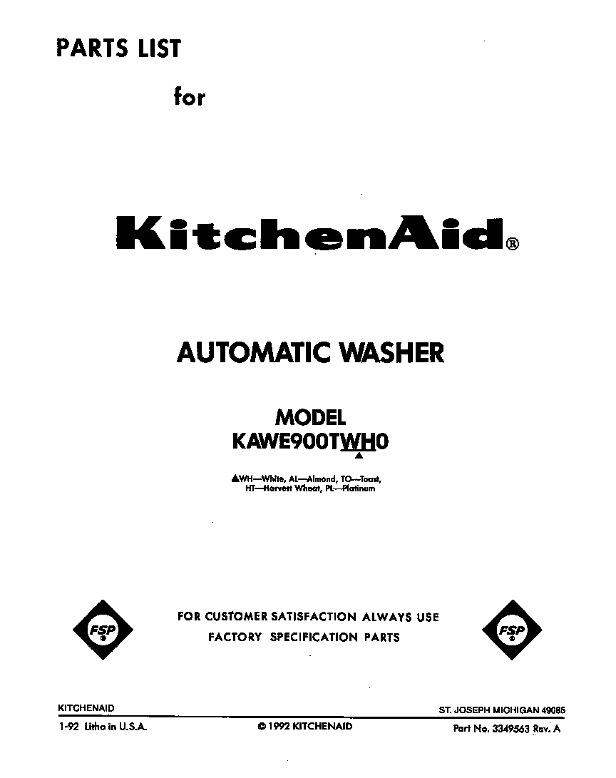 KitchenAid KAWE900TWH0 front cover diagram