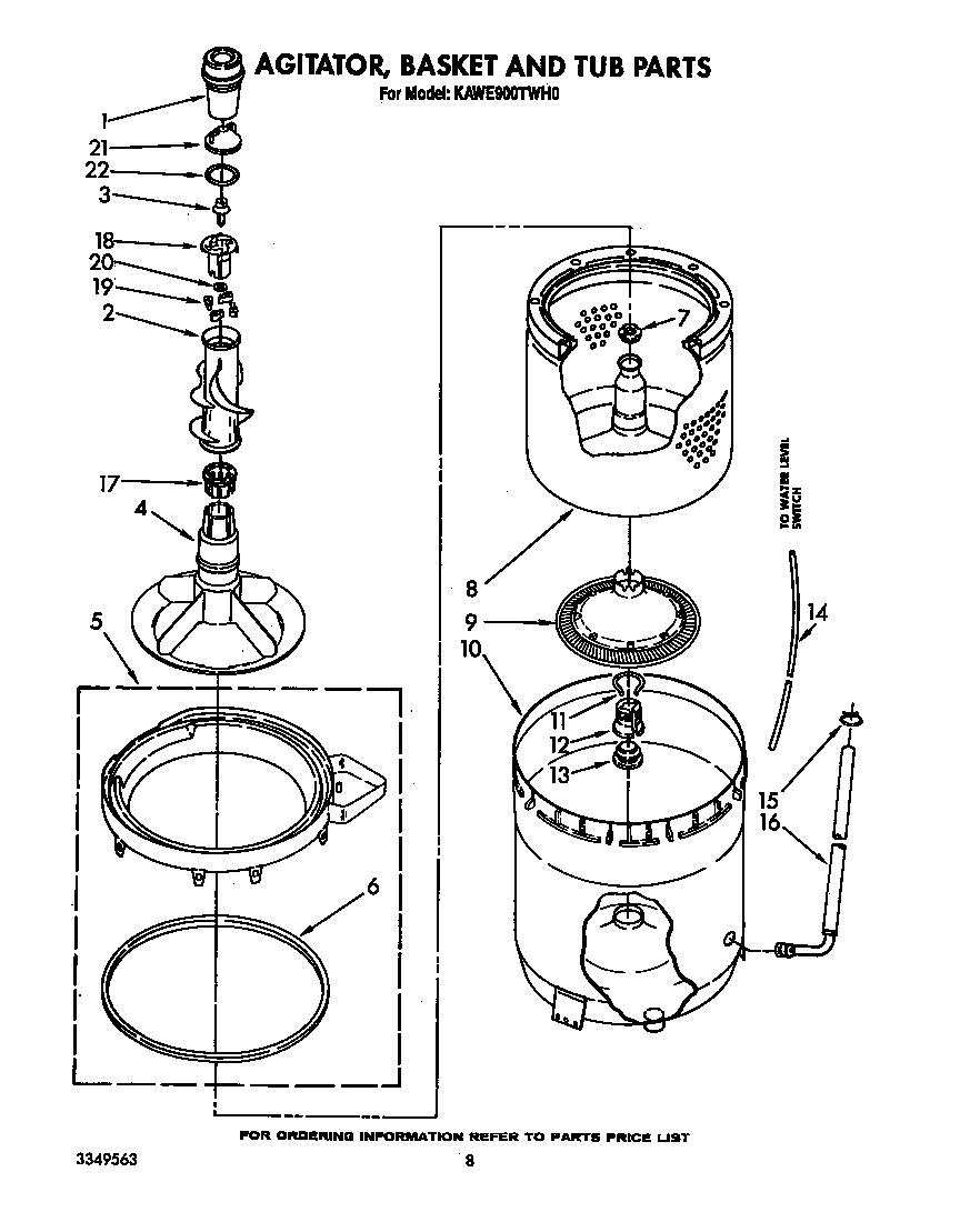 KitchenAid KAWE900TWH0 agitator, basket and tub diagram