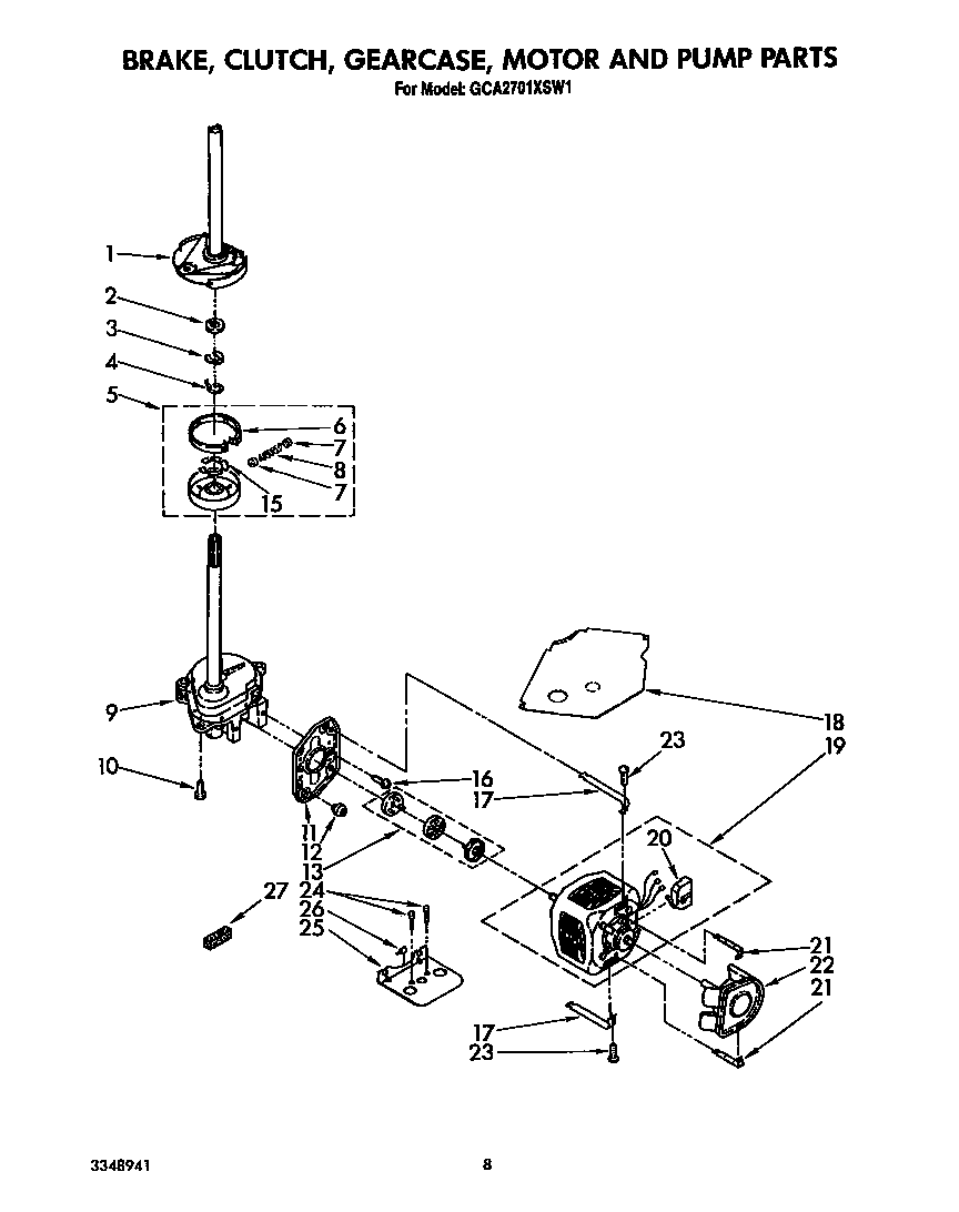 Whirlpool GCA2701XSW1 brake, clutch, gearcase, motor and pump diagram