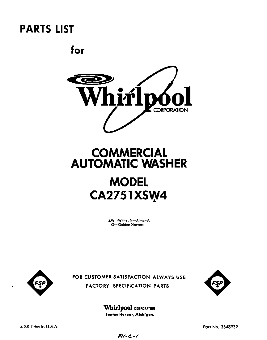 Whirlpool CA2751XSW4 front cover diagram