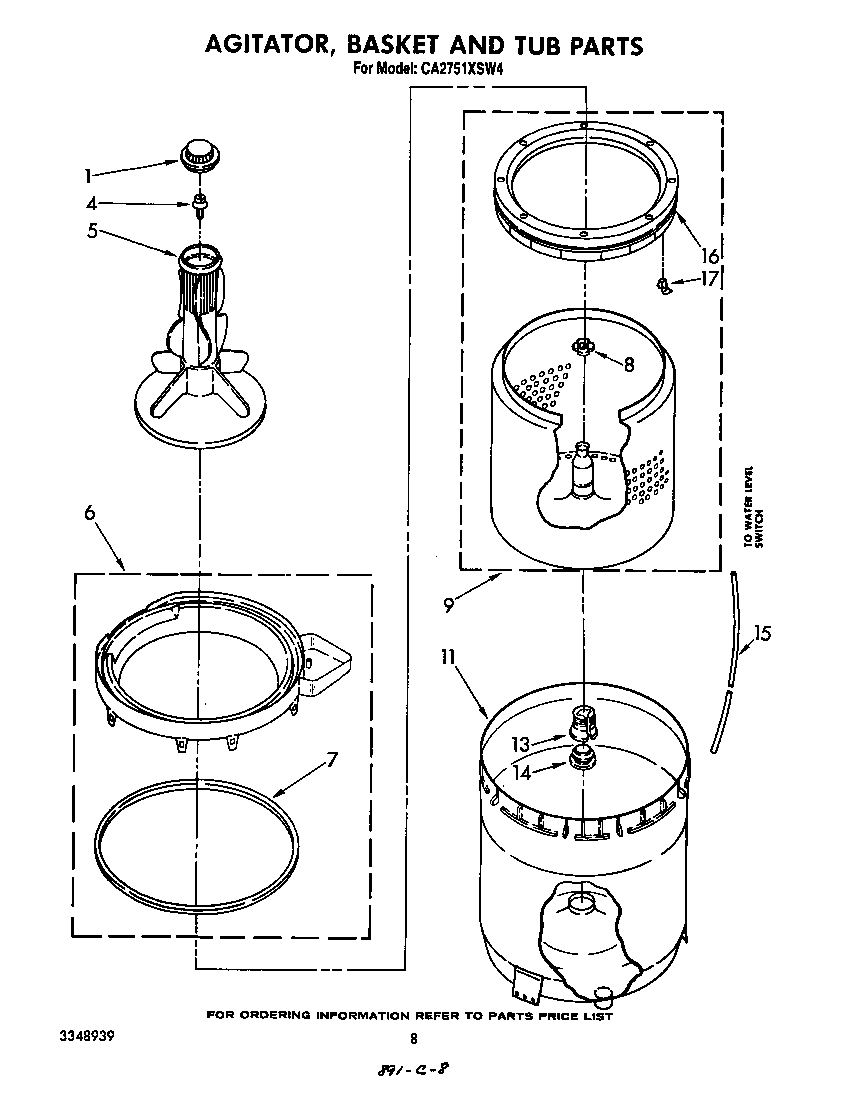 Whirlpool CA2751XSW4 agitator, basket and tub diagram