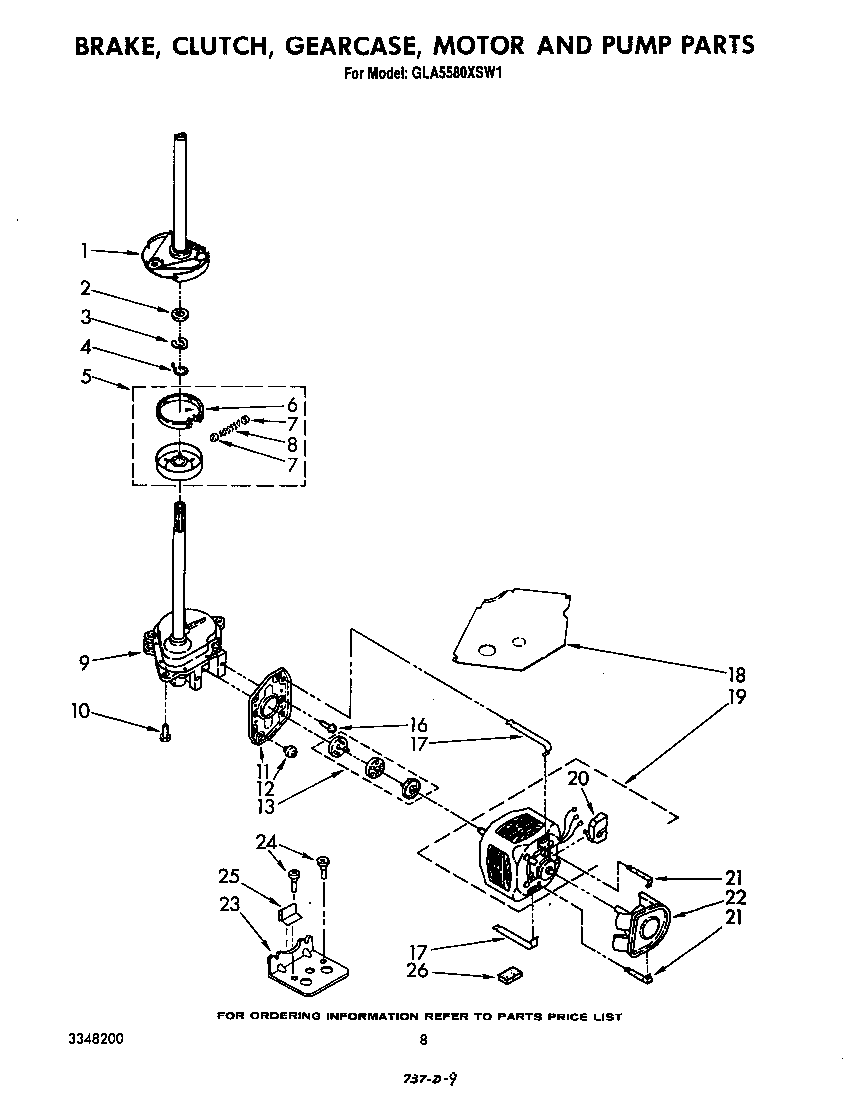 Whirlpool GLA5580XSW1 brake, clutch, gearcase, motor and pump diagram