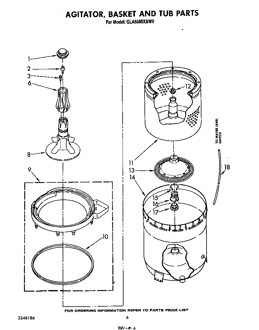 Whirlpool GLA5580XSW0 agitator, basket and tub diagram