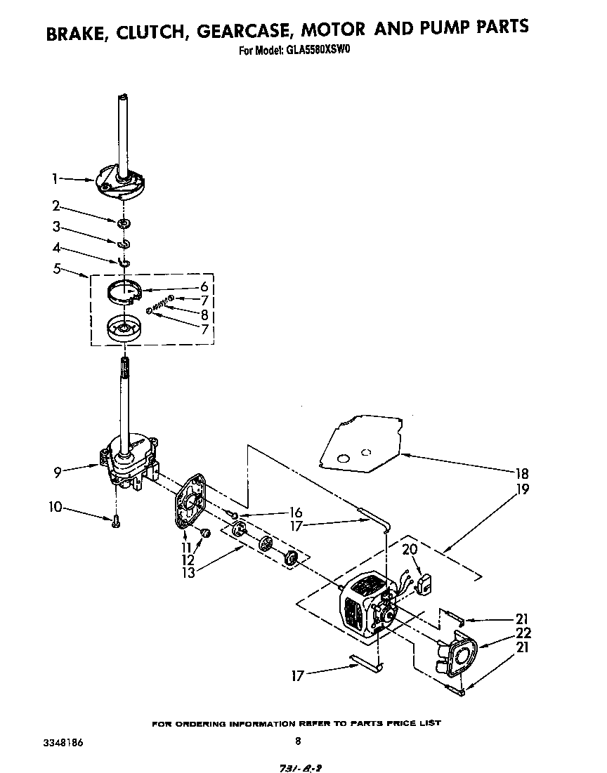 Whirlpool GLA5580XSW0 brake, clutch, gearcase, motor and pump diagram