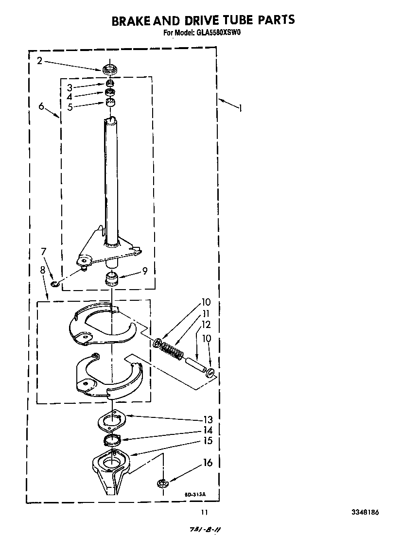 Whirlpool GLA5580XSW0 brake and drive tube diagram