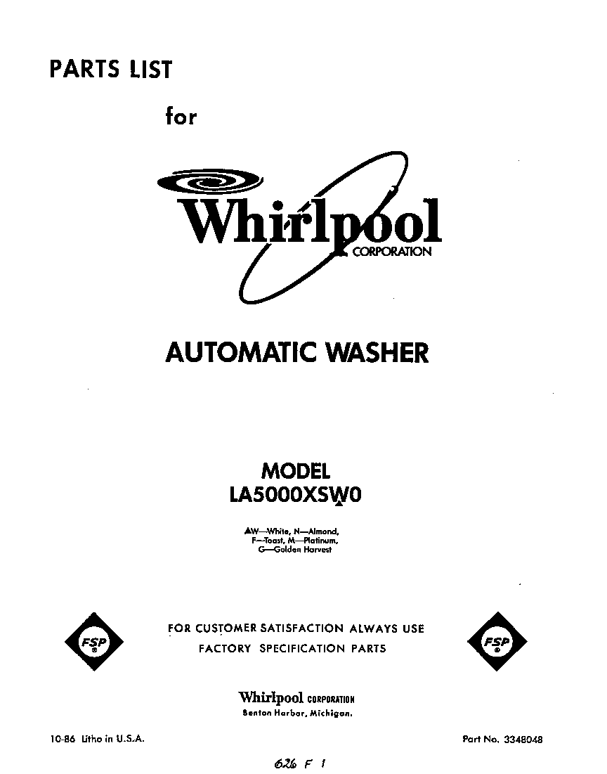 Whirlpool LA5000XSW0 front cover diagram