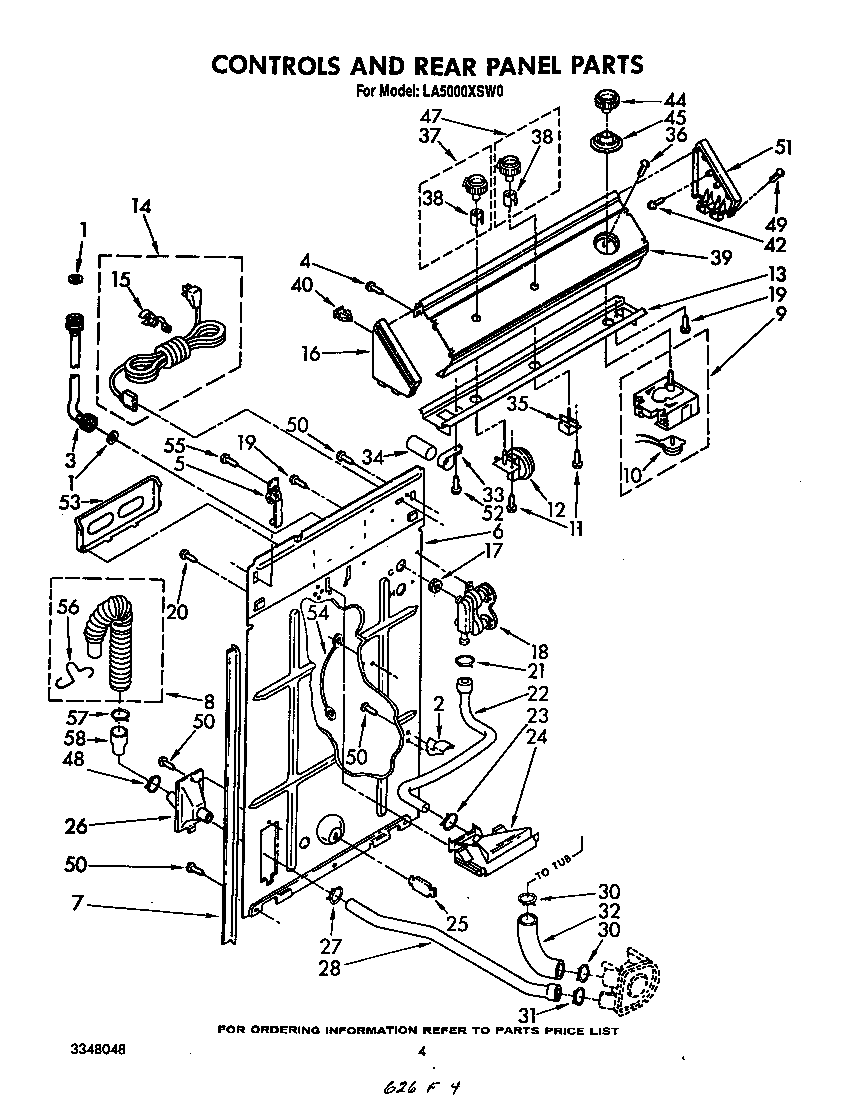 Whirlpool LA5000XSW0 controls and rear panel diagram