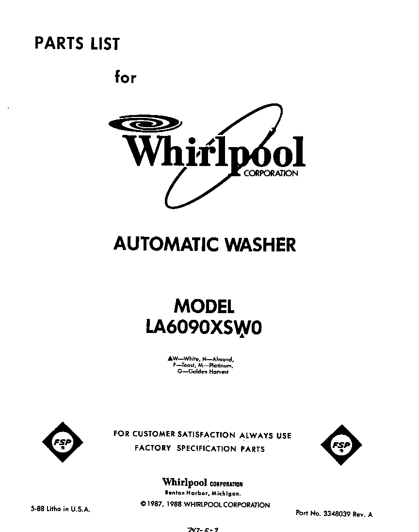 Whirlpool LA6090XSW0 front cover diagram