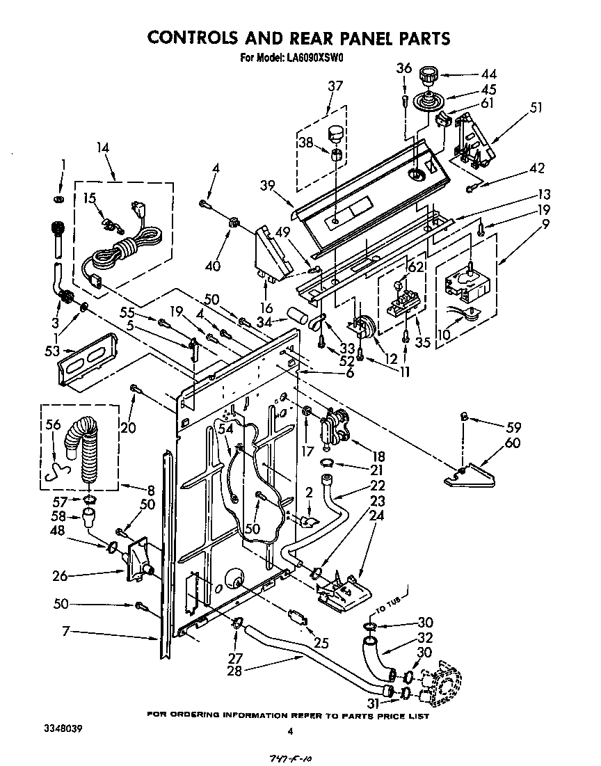 Whirlpool LA6090XSW0 controls and rear panel diagram