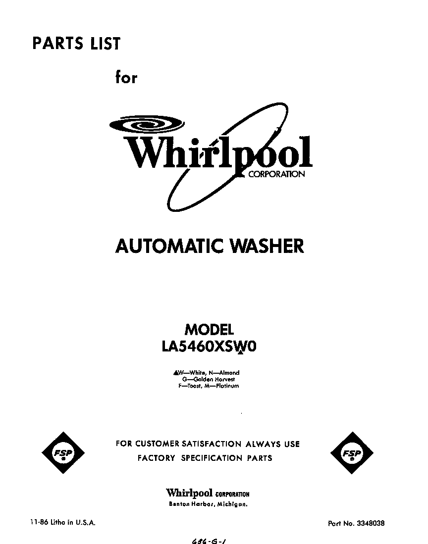 Whirlpool LA5460XSW0 front cover diagram
