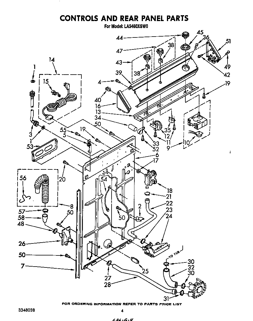 Whirlpool LA5460XSW0 controls and rear panel diagram