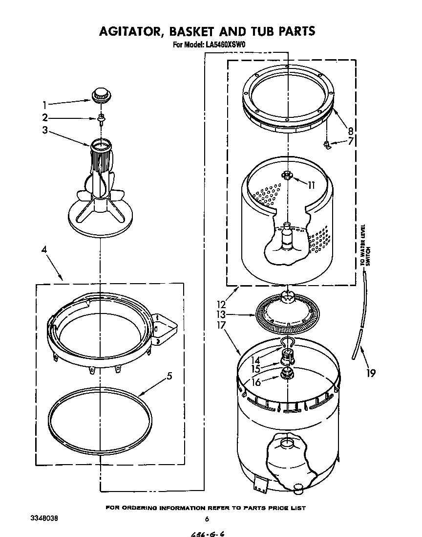 Whirlpool LA5460XSW0 agitator, basket and tub diagram