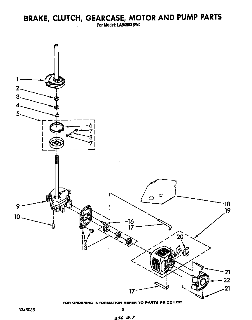 Whirlpool LA5460XSW0 brake, clutch, gearcase, motor and pump diagram
