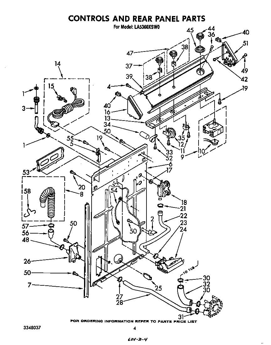 Whirlpool LA5360XSW0 controls and rear panel diagram