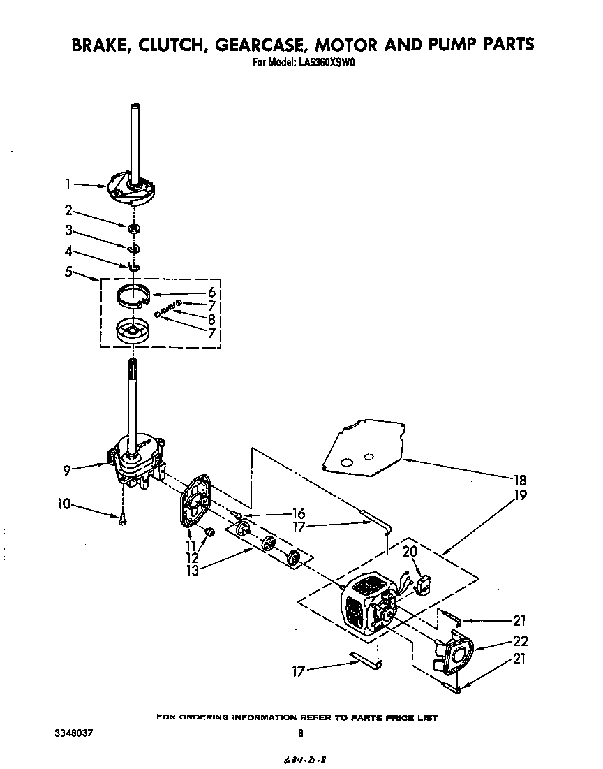 Whirlpool LA5360XSW0 brake, clutch, gearcase, motor and pump diagram