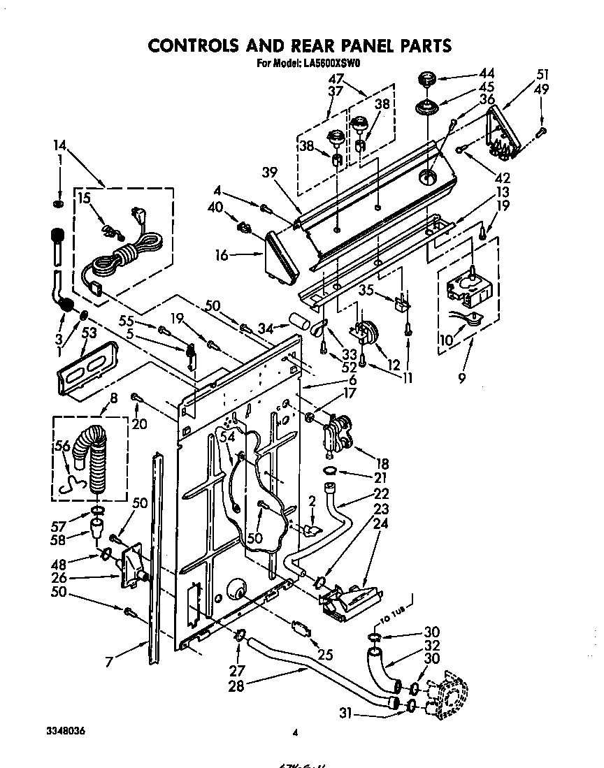 Whirlpool LA5600XSW0 controls and rear panel diagram