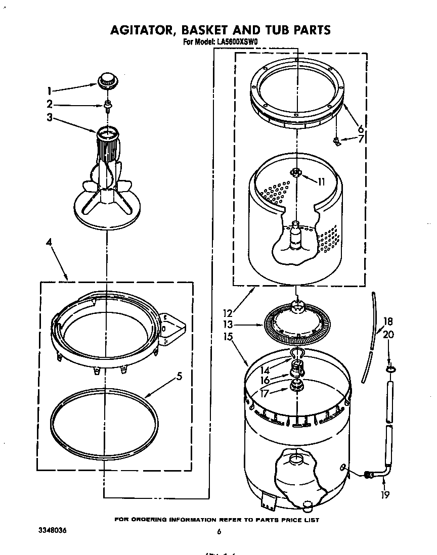 Whirlpool LA5600XSW0 agitator, basket and tub diagram