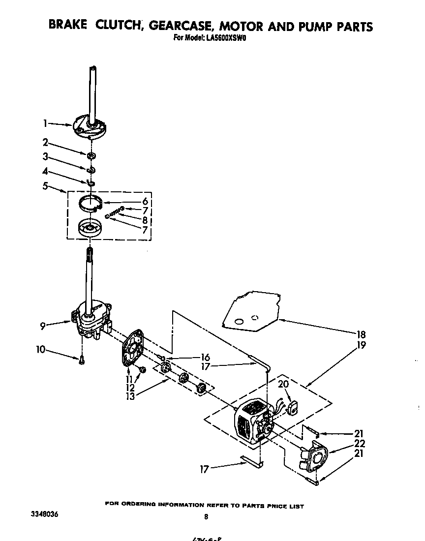Whirlpool LA5600XSW0 brake, clutch, gearcase, motor and pump diagram