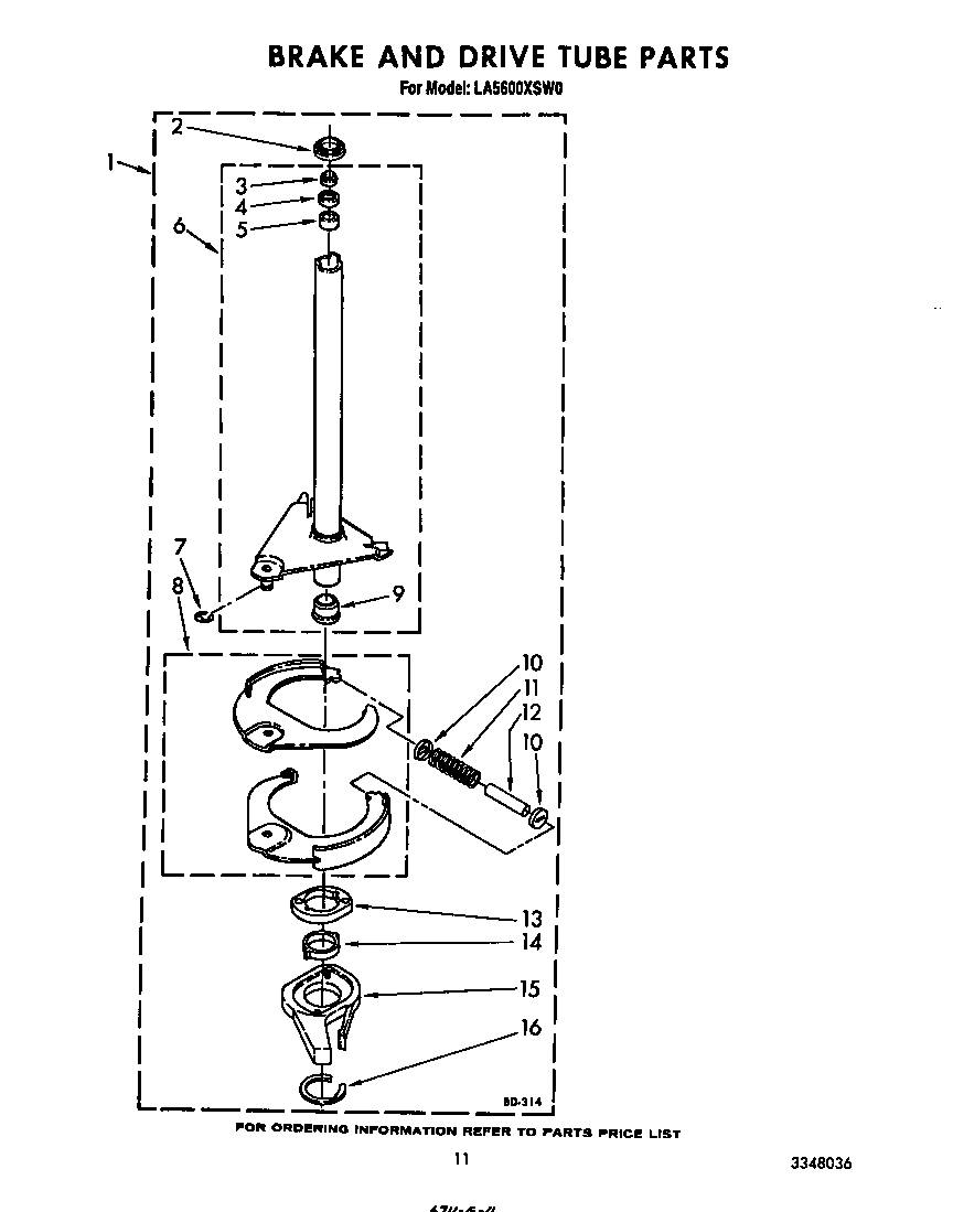 Whirlpool LA5600XSW0 brake and drive tube diagram