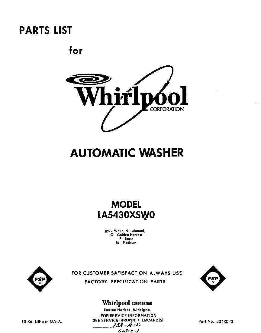 Whirlpool LA5430XSW0 front cover diagram