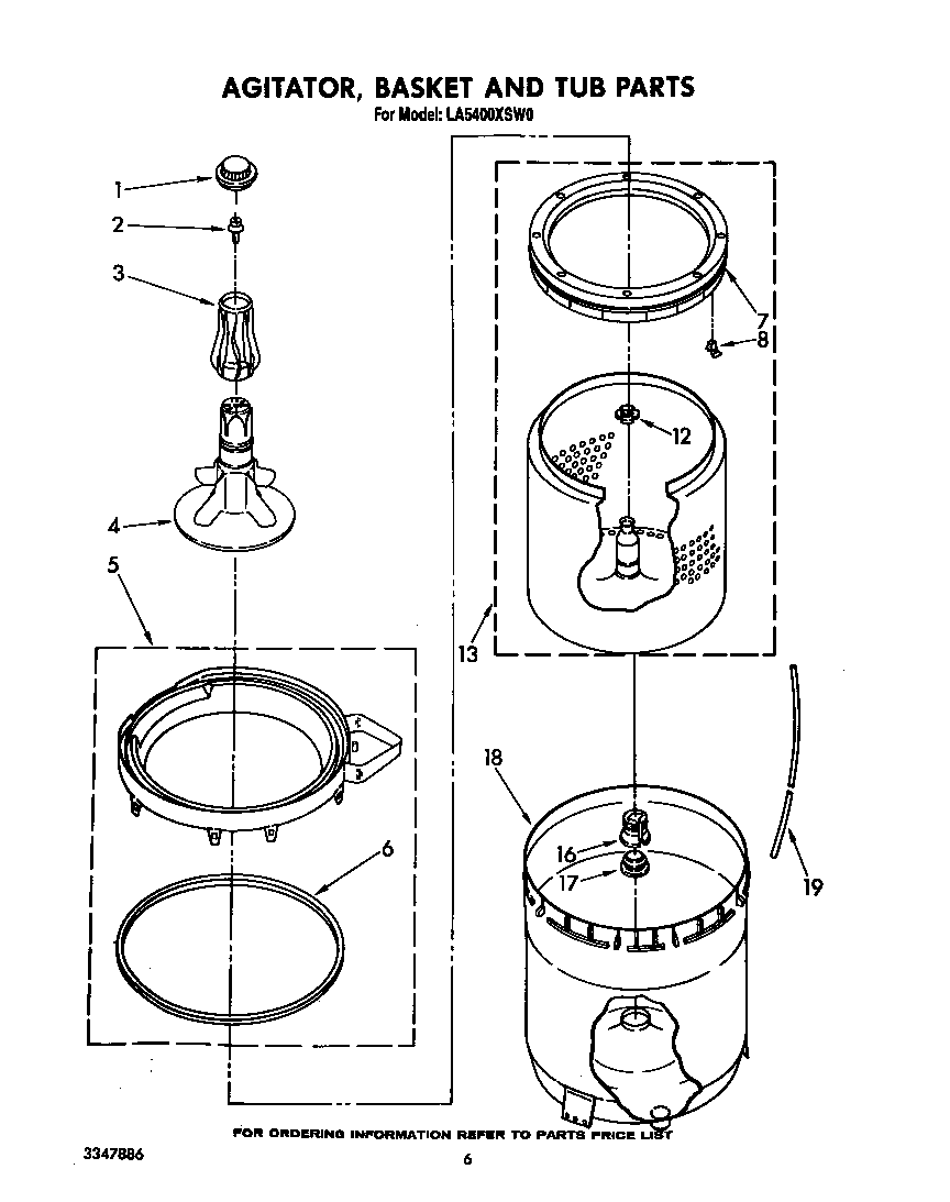 Whirlpool LA5400XSW0 agitator, basket and tub diagram