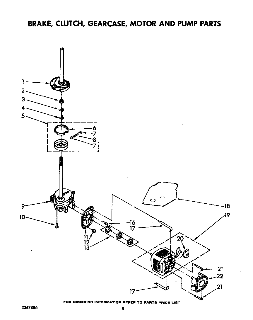 Whirlpool LA5400XSW0 brake, clutch, gearcase, motor and pump diagram