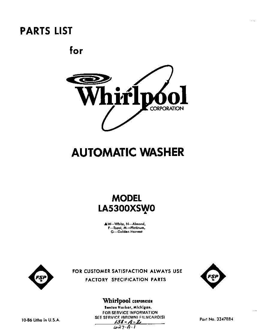 Whirlpool LA5300XSW0 front cover diagram