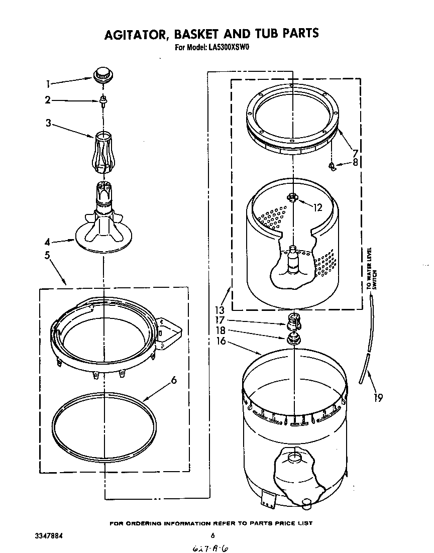 Whirlpool LA5300XSW0 agitator, basket and tub diagram