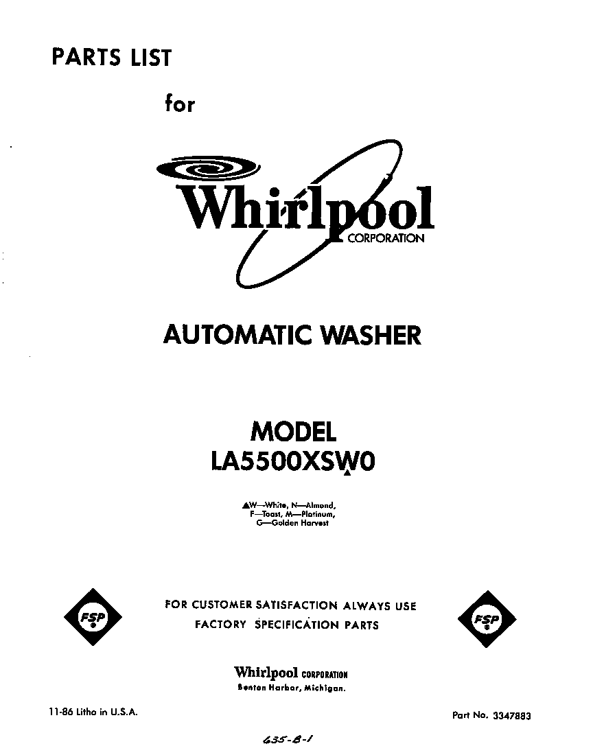 Whirlpool LA5500XSW0 front cover diagram