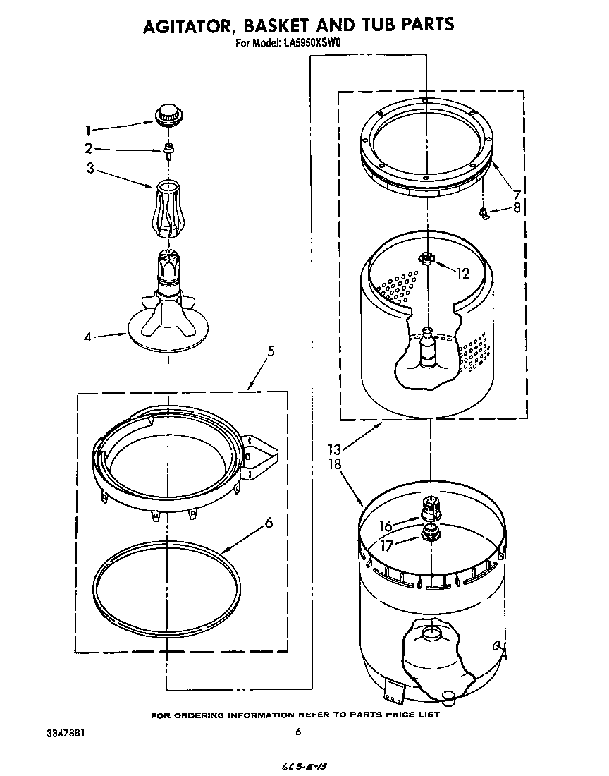 Whirlpool LA5950XSW0 agitator, basket and tub diagram