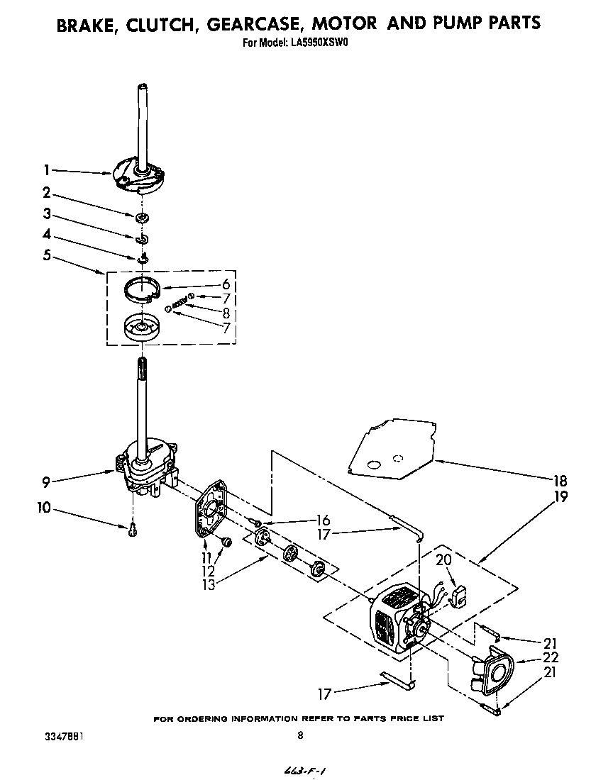 Whirlpool LA5950XSW0 brake, clutch, gearcase, motor and pump diagram