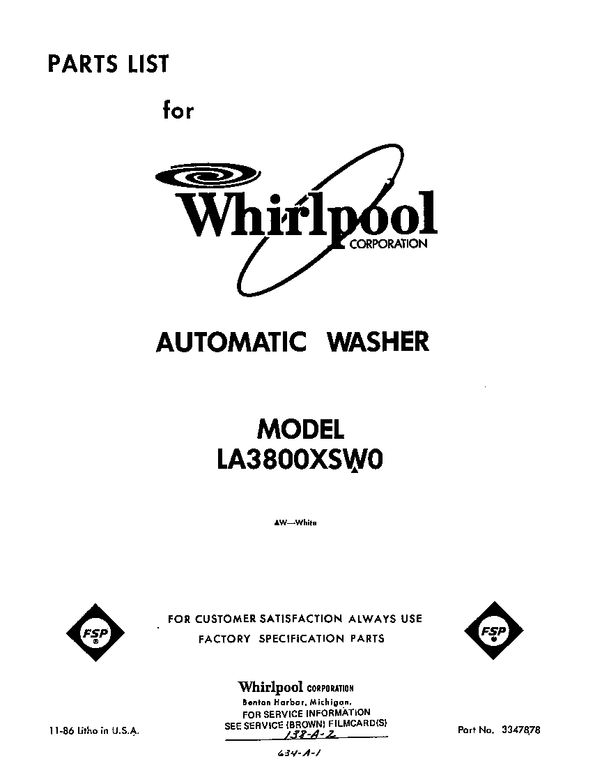 Whirlpool LA3800XSW0 front cover diagram