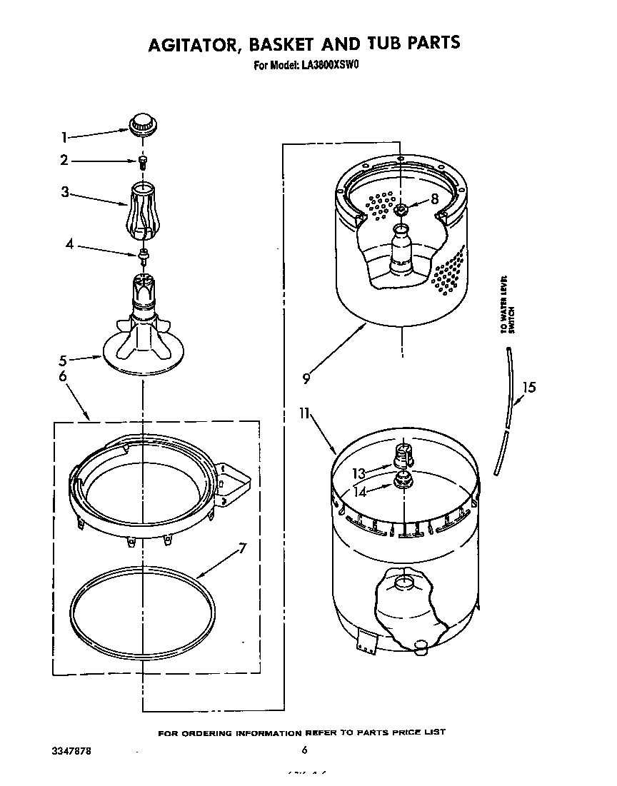 Whirlpool LA3800XSW0 agitator, basket and tub diagram