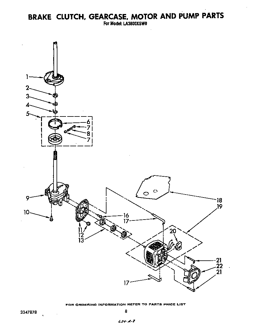 Whirlpool LA3800XSW0 brake, clutch, gearcase, motor and pump diagram