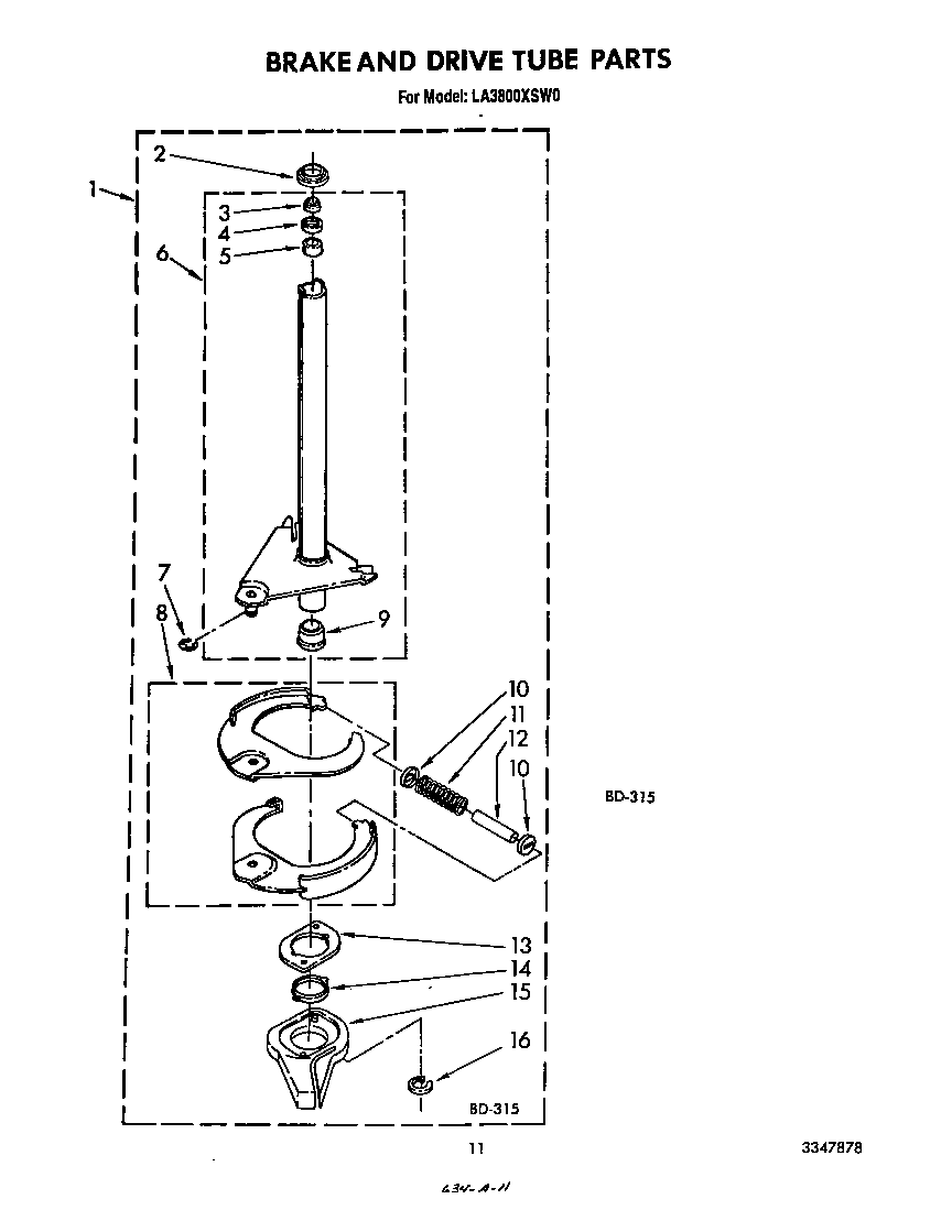 Whirlpool LA3800XSW0 brake and drive tube diagram