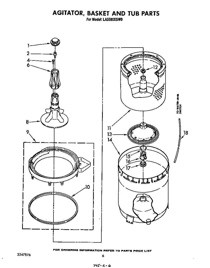 Whirlpool LA5580XSW0 agitator, basket and tub diagram