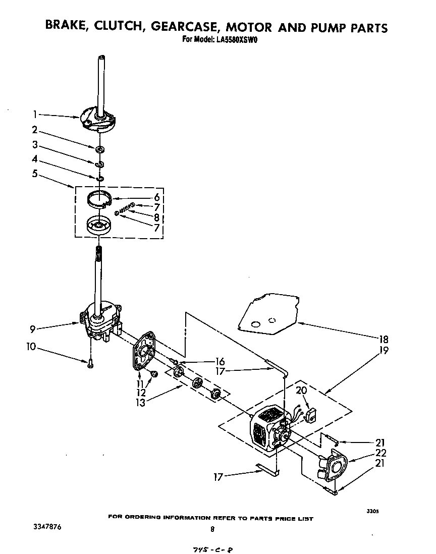 Whirlpool LA5580XSW0 brake, clutch, gearcase, motor and pump diagram