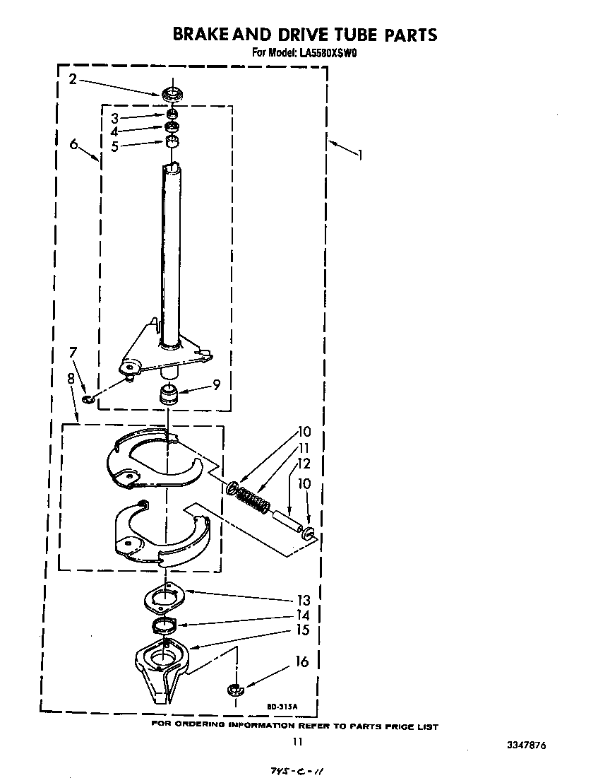 Whirlpool LA5580XSW0 brake and drive tube diagram