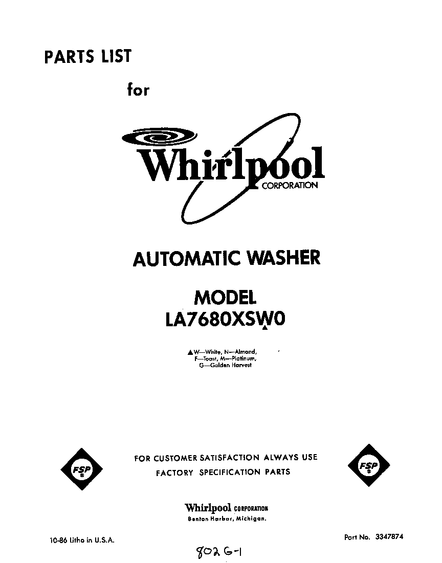 Whirlpool LA7680XSW0 front cover diagram