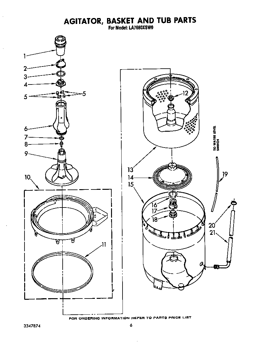 Whirlpool LA7680XSW0 agitator, basket and tub diagram