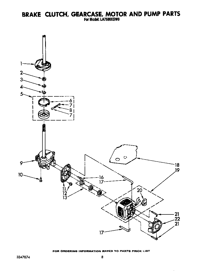 Whirlpool LA7680XSW0 brake, clutch, gearcase, motor and pump diagram