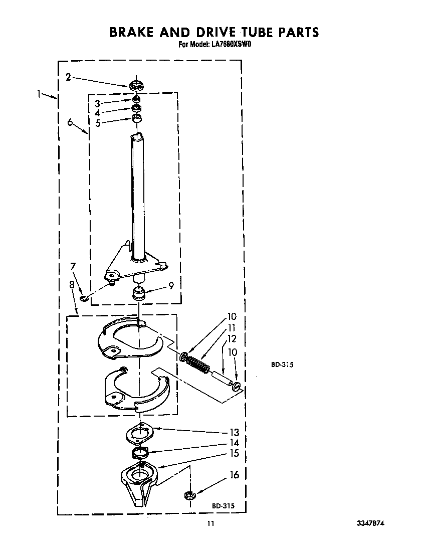 Whirlpool LA7680XSW0 brake and drive tube diagram