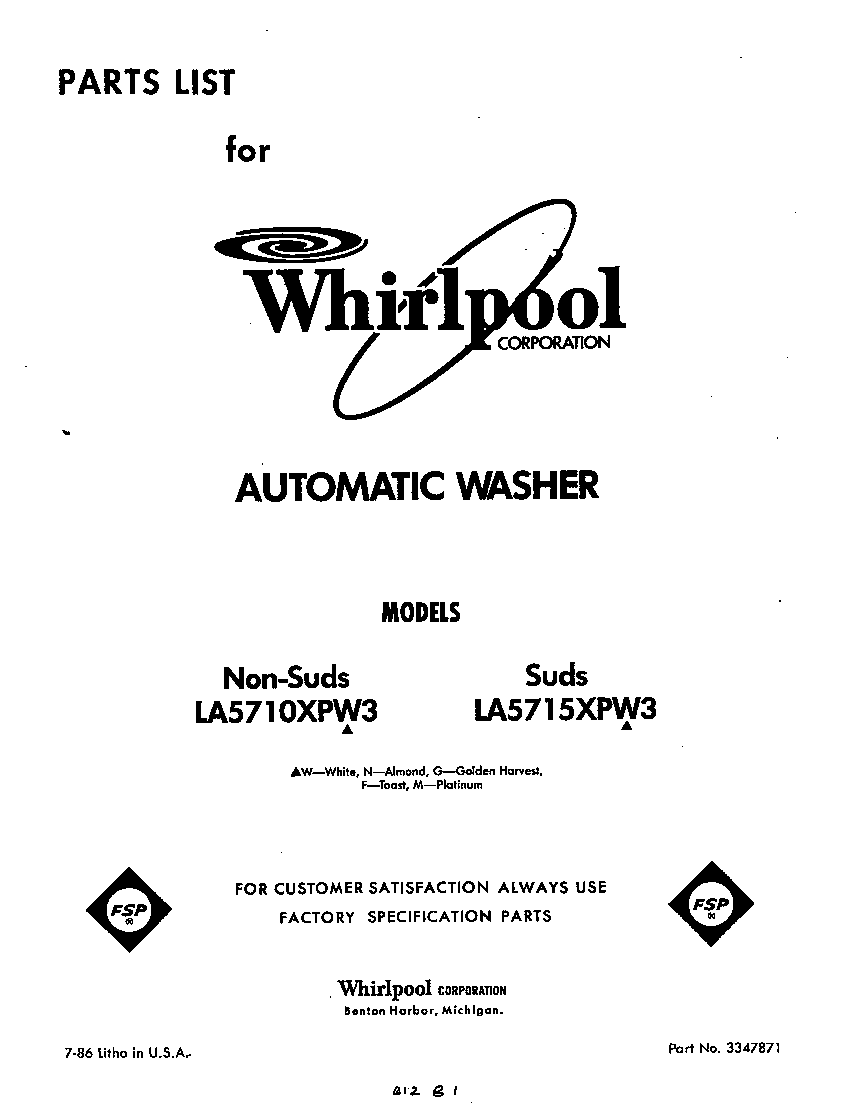 Whirlpool LA5710XPW3 front cover diagram