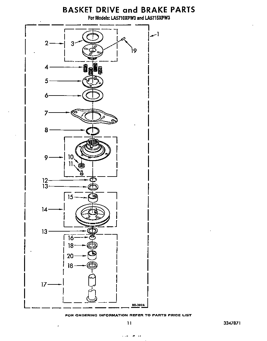 Whirlpool LA5710XPW3 basket drive and brake diagram